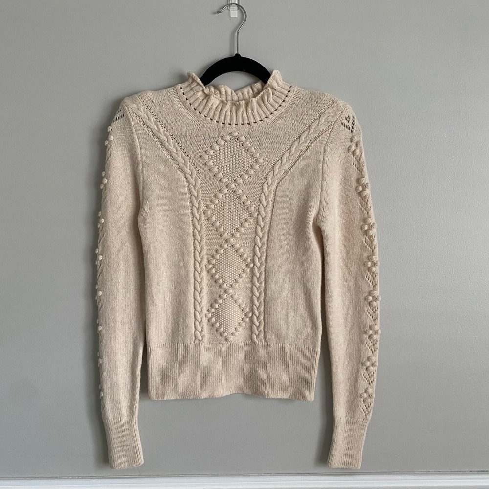 & Other Stories Cream Cable Knit Ruffled Mock Neck Pullover Sweater Size XS